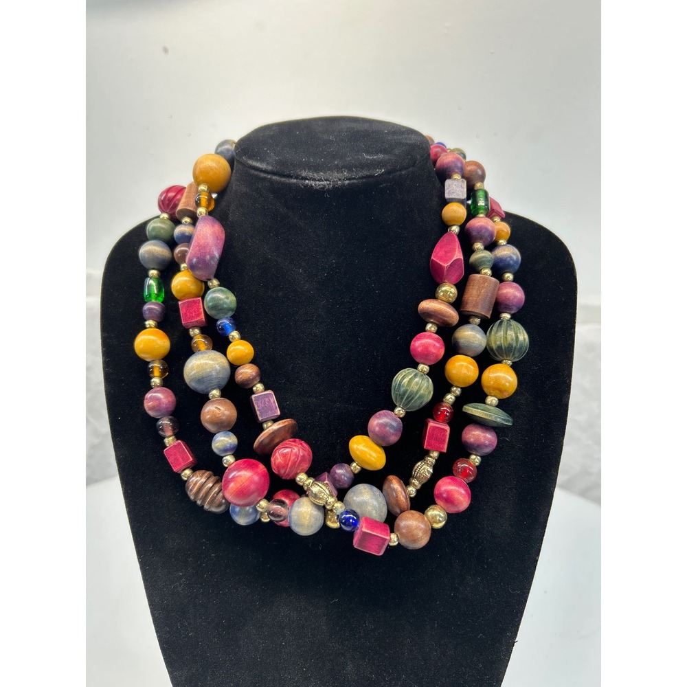 Necklace Womens Multi-Strand Multicolor Wood Glass Bead Boho Statement
